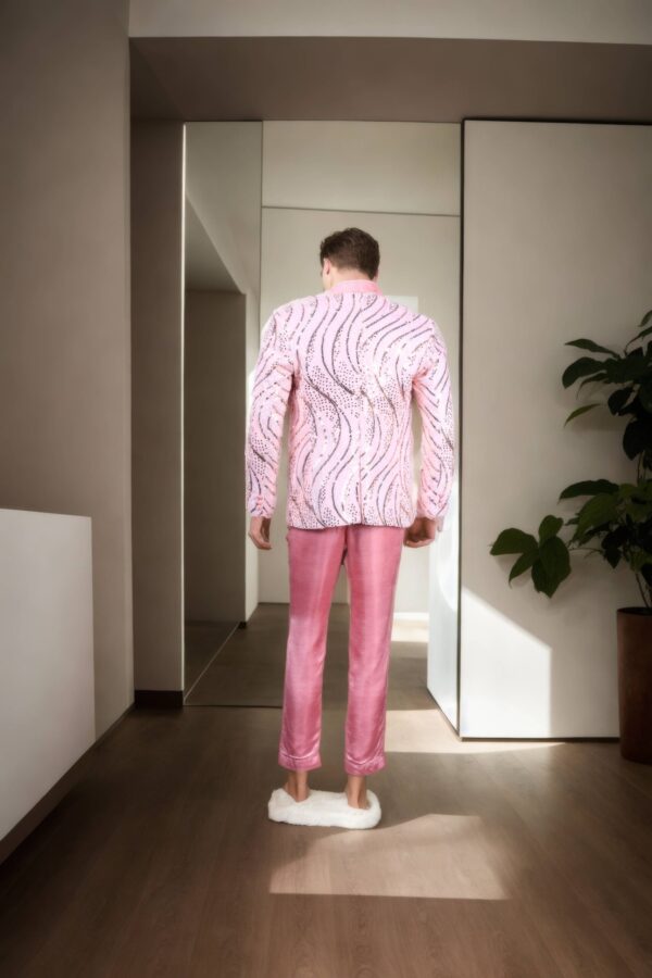 Pink Net Suit with Multicolor Abstract Sequin Work - Silk Georgette Shawl Collar, Full Sleeves & A-Line Pants - Image 3