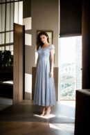 Silver Solid Shimmer Crushed Tissue Off-Shoulder A-Line Gown - Elegant Evening Wear