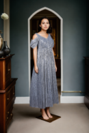 Bright Grey Stretchable Gown with Gold Embellishments - Perfect for Evening Galas & Formal Celebrations