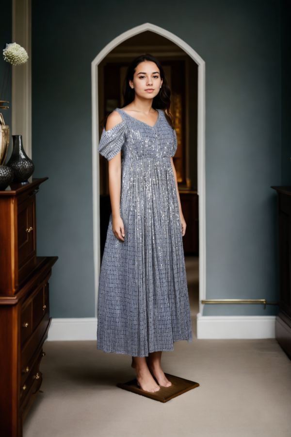 Bright Grey Stretchable Gown with Gold Embellishments - Perfect for Evening Galas & Formal Celebrations - Image 2