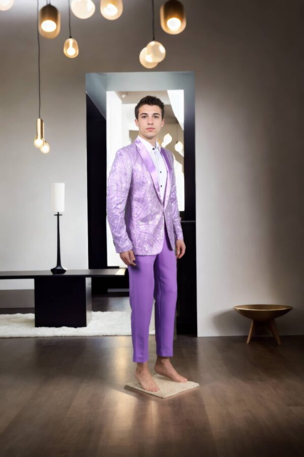 Light Purple Net Suit with Beads & Sequin Work - Silk Satin Peak Lapel Collar, Full Sleeves & A-Line Pants - Image 4