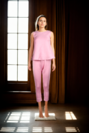 Elegant Baby Pink Foam Plain Top with Round Neckline & Sleeveless, Paired with Formal Straight Pants