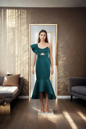Luxurious Bottle Green Bodycon Dress with Bottom Frills, Waist Belt, and Asymmetrical Top Featuring One Side Ruffle and Other Side Strap - Perfect for Cocktail & Formal Events