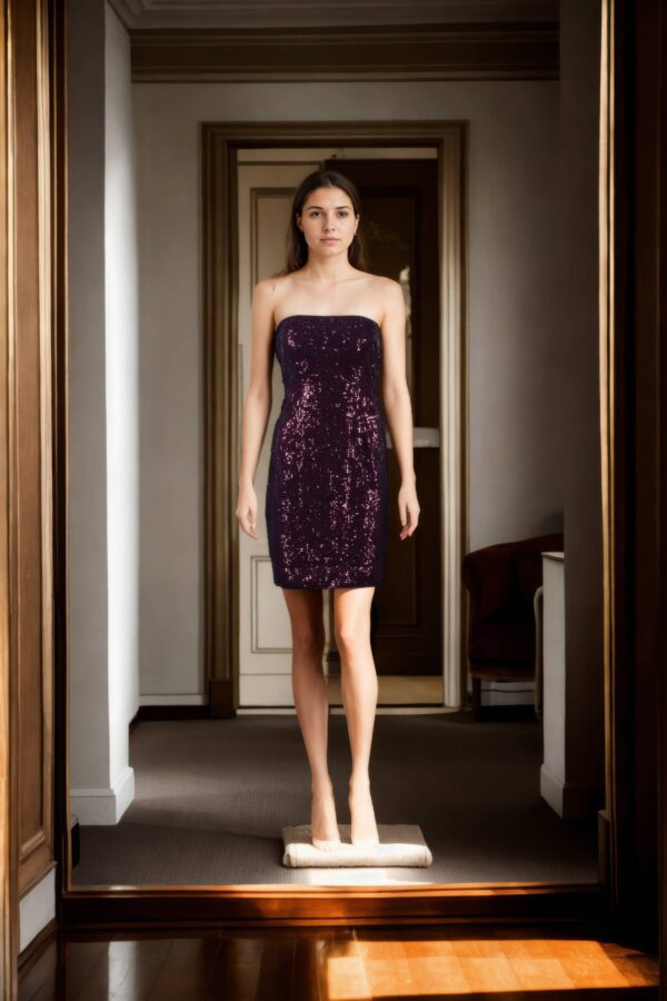 Simri Sequin Midi Dress with Strapless Neckline & Center Back Split - Glamorous Evening Wear for Special Events