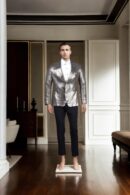 Greyish Black & Golden Shimmer Solid Silk Blazer with Notch Collar & Full Sleeves - Sophisticated Party Wear for Men