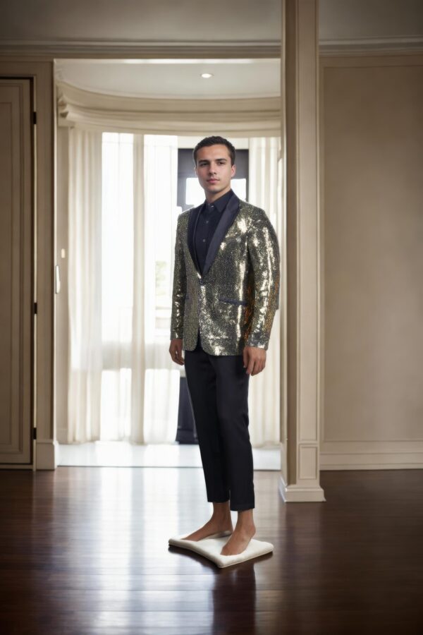 Black Satin Peak Lapel Blazer with Gold-Tone Dot Embellishments & Double Button Closure - Ideal for Evening Events & Formal Occasions - Image 2