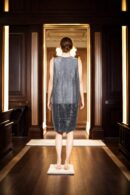 Glamorous Silver Shimmer Lycra Western Gown with Cowl Neckline Design, Sleeveless & Knee Length - Perfect for Cocktail Parties & Special Events