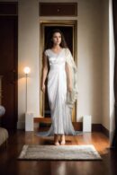 White Silk Satin Draped Saree with Bead Work & Leggings Bottom - Modern Fusion Wear