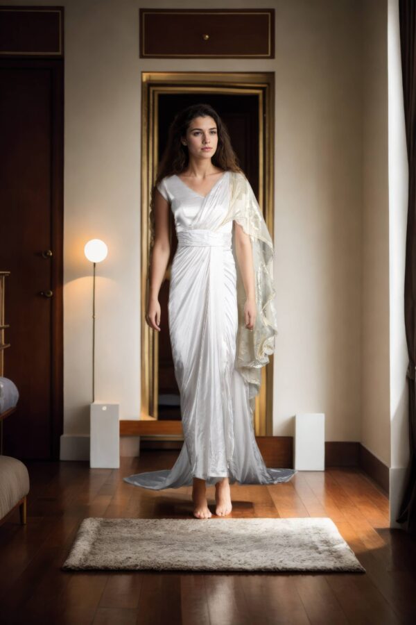 White Silk Satin Draped Saree with Bead Work & Leggings Bottom - Modern Fusion Wear