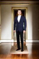 Navy Blue Linen Slim-Fit Formal Suit with Geometric Design, Notched Lapel Collar, Full Sleeves, and Formal Pants