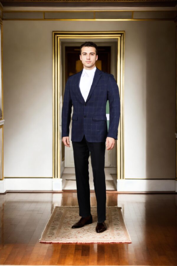 Navy Blue Linen Slim-Fit Formal Suit with Geometric Design, Notched Lapel Collar, Full Sleeves, and Formal Pants - Image 4