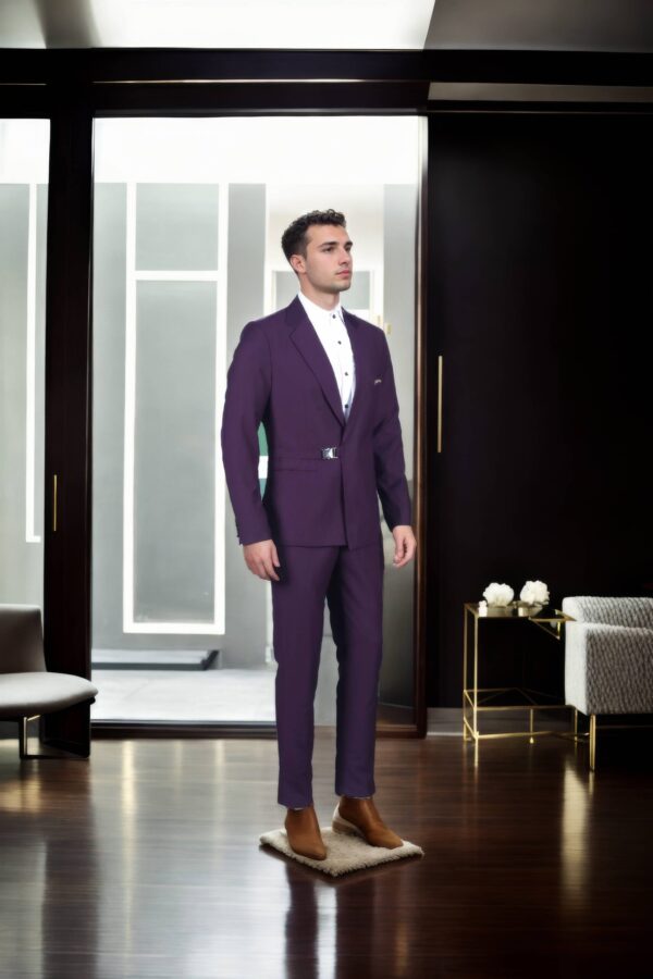Regal Purple Suiting Set with Notch Lapel Collar & Cheetah Tie Tack Brooch - Full-Sleeve Blazer & A-Line Pants