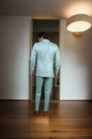 Beads Sea Green Net Suit with Beads & Sequin Work - Silk Satin Peak Lapel Collar, Full Sleeves & A-Line Pants