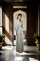 Exquisite White Georgette Gown with Mirror Border & Sequin Cape - Perfect for Weddings & Evening Soires