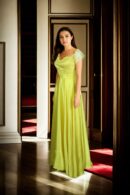 Yellow Silk Long Gown with Self-Thread Embroidery, White Sequin & Beadwork - Sweetheart Neckline & Off-Shoulder Net Sleeves