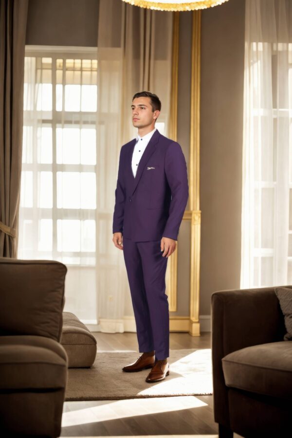 Regal Purple Suiting Set with Notch Lapel Collar & Cheetah Tie Tack Brooch - Full-Sleeve Blazer & A-Line Pants - Image 3