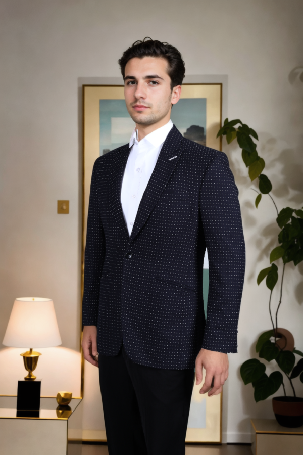 Mens Navy Blue Printed Single-Breasted Blazer with Notched Lapel - Elegant & Contemporary Style - Image 4