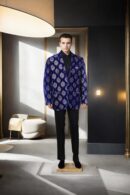 Luxurious Royal Blue Velvet Blazer with Zari Motif Design, Notched Lapel, Full Sleeves & Three Pockets ? Perfect for Elegant & Formal Events