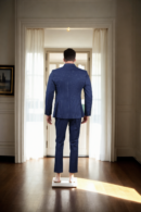 Elegant Faded Navy Blue Suit with White Straight Line Accents - A Modern Statement for Formal & Casual Events