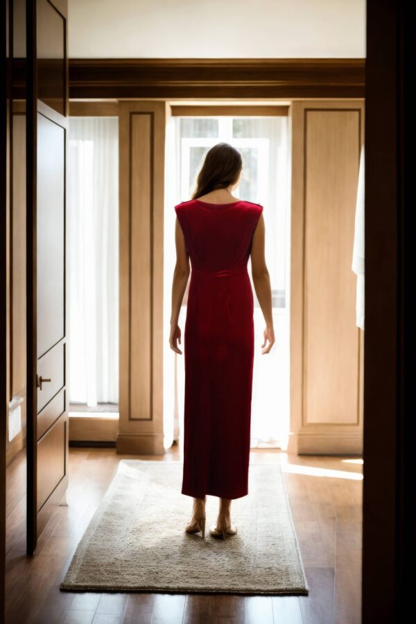 Maroon Velvet A-Line Bodycon Dress with Diamond Brooch Detail - Elegant Evening Wear - Image 2