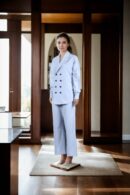 Luxurious Grey Suiting Fabric Double-Breasted Blazer with Peaked Lapel Collar and Full Sleeves, Paired with Straight Leg Trouser - Perfect for Professional & Formal Occasions