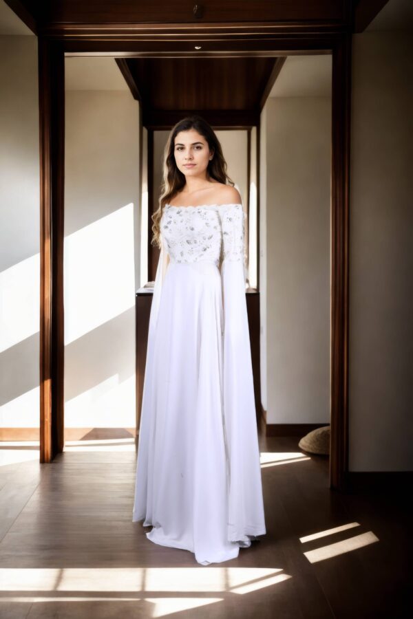 Regal Allure: White Satin Circular Flared Gown with Beaded Illusion Neckline, Net Full Sleeves, Pearl & Sequin Embellishments, and Cowl Draped Front - Image 2