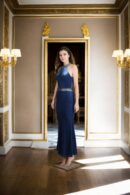 Blue Lagoon Silk Velvet Bodycon Gown with Halter Neckline and White Diamond Design, Sleeveless - Glamorous Evening Wear