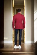 Maroon Denim Blazer - Notch Lapel Collar, Single-Breasted with Double-Button Closure & Double-Vented Back Hem