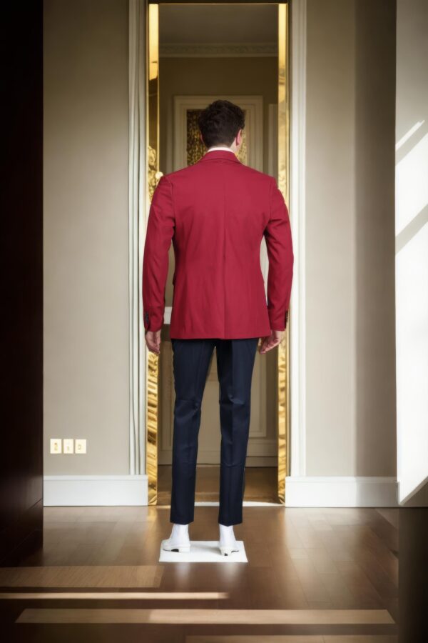 Maroon Denim Blazer - Notch Lapel Collar, Single-Breasted with Double-Button Closure & Double-Vented Back Hem - Image 3
