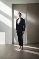 Black Suiting Slim-Fit Formal Suit - Notched Lapel Collar with White Abstract Design, Double-Button Closure & Double-Vented Back Hem