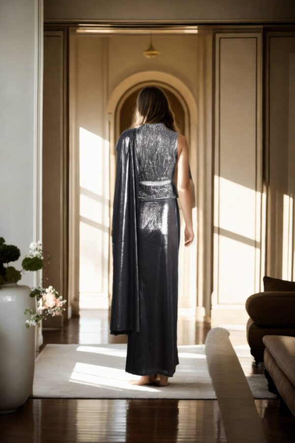 Grey Shimmer Net Dhoti Drape Ready-to-Wear Saree with Corset Belt - Modern Party Wear - Image 3