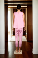 Elegant Baby Pink Foam Plain Top with Round Neckline & Sleeveless, Paired with Formal Straight Pants