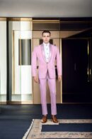 Light Pink Polyester Suit with Net Full Sequin Work - Shawl Collar Design, Full Sleeves, Two Pockets & A-Line Pants