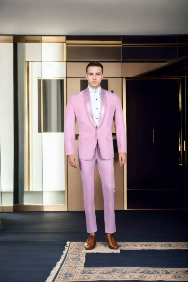 Light Pink Polyester Suit with Net Full Sequin Work - Shawl Collar Design, Full Sleeves, Two Pockets & A-Line Pants