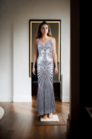 Cream Net Women's 2-Piece Set: Spaghetti Strap Bodycon Midi Dress with Long Sequin-Decorated Cardigan, Geometric Sequin Striped Pattern, Deep V-Neckline & Sleeveless - Chic Evening Wear