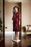 Red Sequin Wrap Dress with Side Knot and Bottom Frills - Glamorous Evening Wear