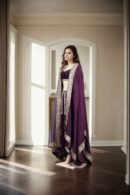 Elegant Wine Velvet Dhoti Skirt Set with Off-Shoulder Blouse & Dual Dupattas - Perfect for Weddings & Glamorous Events