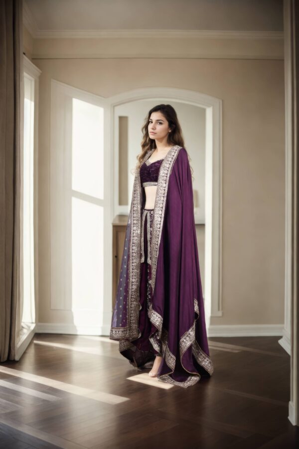 Elegant Wine Velvet Dhoti Skirt Set with Off-Shoulder Blouse & Dual Dupattas - Perfect for Weddings & Glamorous Events - Image 2