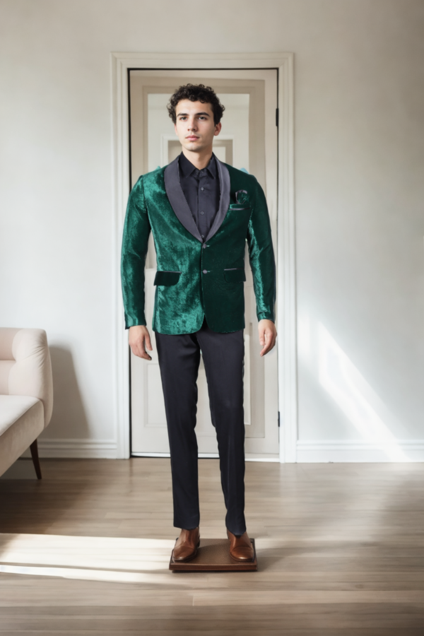 Elegant Bottle Green Velvet Blazer - Black Satin Shawl Collar for a Luxe Look