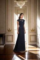 Black Polyester Bodycon Dress with Ruffled Fancy Neck, Back Zip, Collar Band, and Cap Sleeves - Stylish Evening Wear