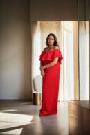 Elegant Red Suiting Fabric Gown with Off-Shoulder Design & Ruffle Detail for Special Occasions
