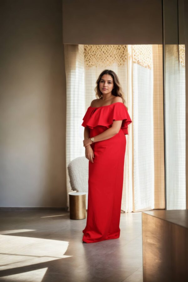 Elegant Red Suiting Fabric Gown with Off-Shoulder Design & Ruffle Detail for Special Occasions - Image 2
