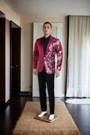 Opulent Maroon Satin Blazer - Sequin Detail Design, Notched Lapel & Baby Pink Embroidery