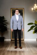 Greyish Blue Cotton Striped Slim-Fit Blazer with Notch Lapel Collar, Long Sleeves, and Yellow Geometric Design Welt Pockets