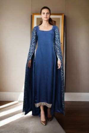 Georgette Blue Gown with Embroidered Sleeves - Perfect for Elegant Weddings & Formal Celebrations