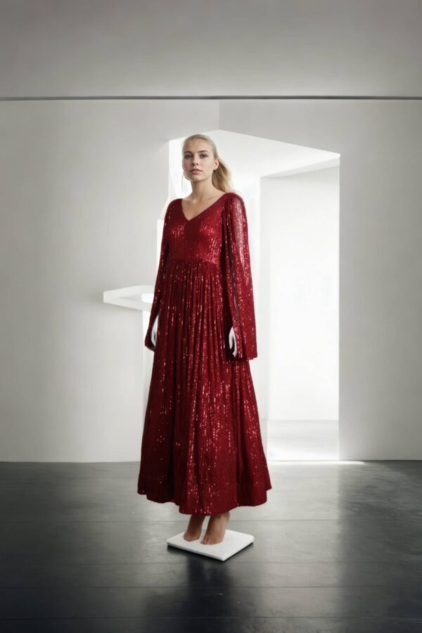 Long Flared V-Neckline Gown with Shoulder Cape & Back Zip Opening - Elegant Evening Wear - Image 4