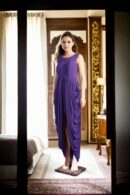 Stylish Purple Stretchable Dress with Dhoti-Style Drape - Sleeveless Round Neckline Dress for Parties and Contemporary Events