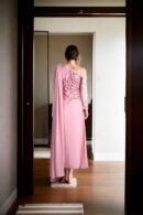 Baby Pink Chiffon Off-Shoulder Gown with Unique Long Drape Design and Bead & Sequin Work - Elegant Evening Wear