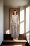 Beige Net Long Western Gown with Beads, Moti, Patchwork & Sequin Work - V-Neckline & Full Sleeves