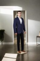 Navy Blue Linen Slim-Fit Formal Suit with Geometric Design, Notched Lapel Collar, Full Sleeves, and Formal Pants